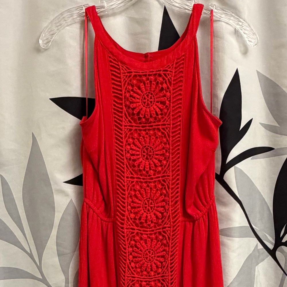 Skies Are Blue Vibrant Red Crochet Midi Dress